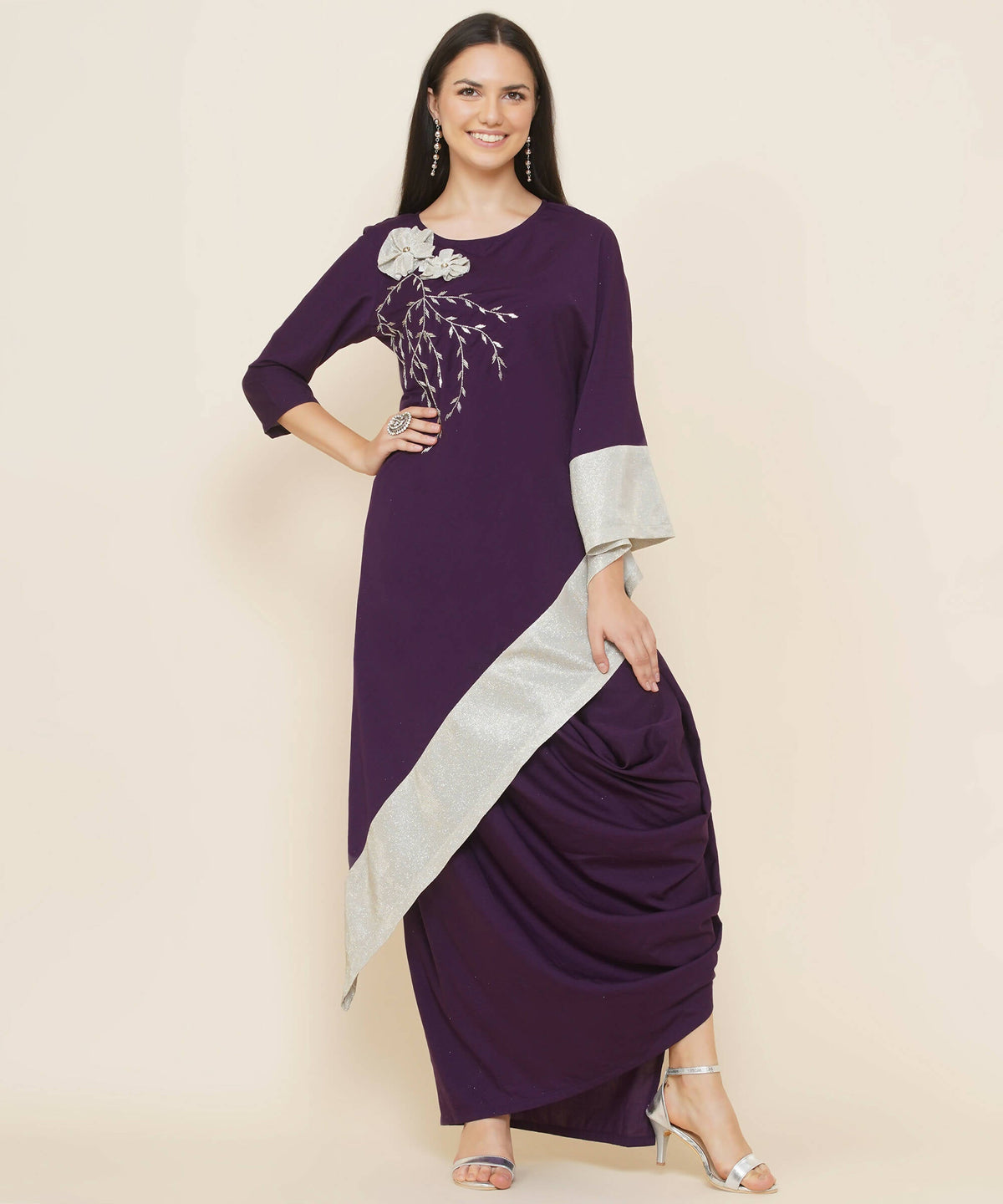 Women Republic Purple Assmetrical Kurta With Cowl Dhoti | Grocsy
