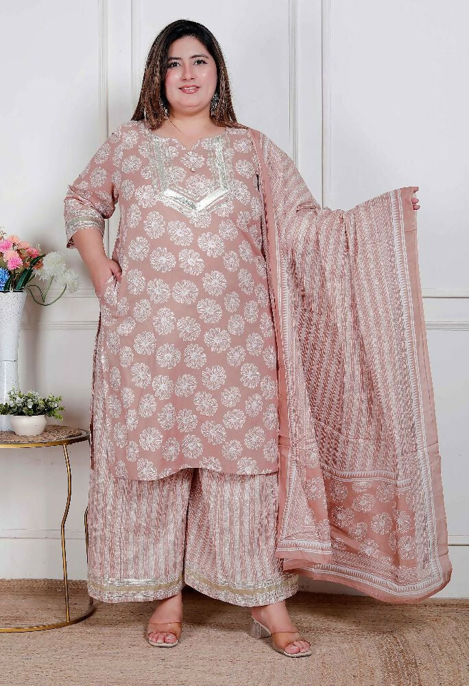 Miravan Plus Size Women Brown Floral Printed Cotton Straight Ethnic Kurta With Palazzo And Dupatta | Grocsy