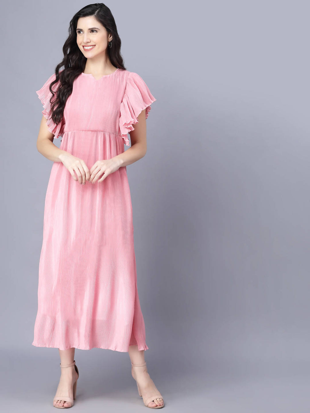 Myshka Chiffon Solid Short Sleeve Round Pink Women Dress | Grocsy