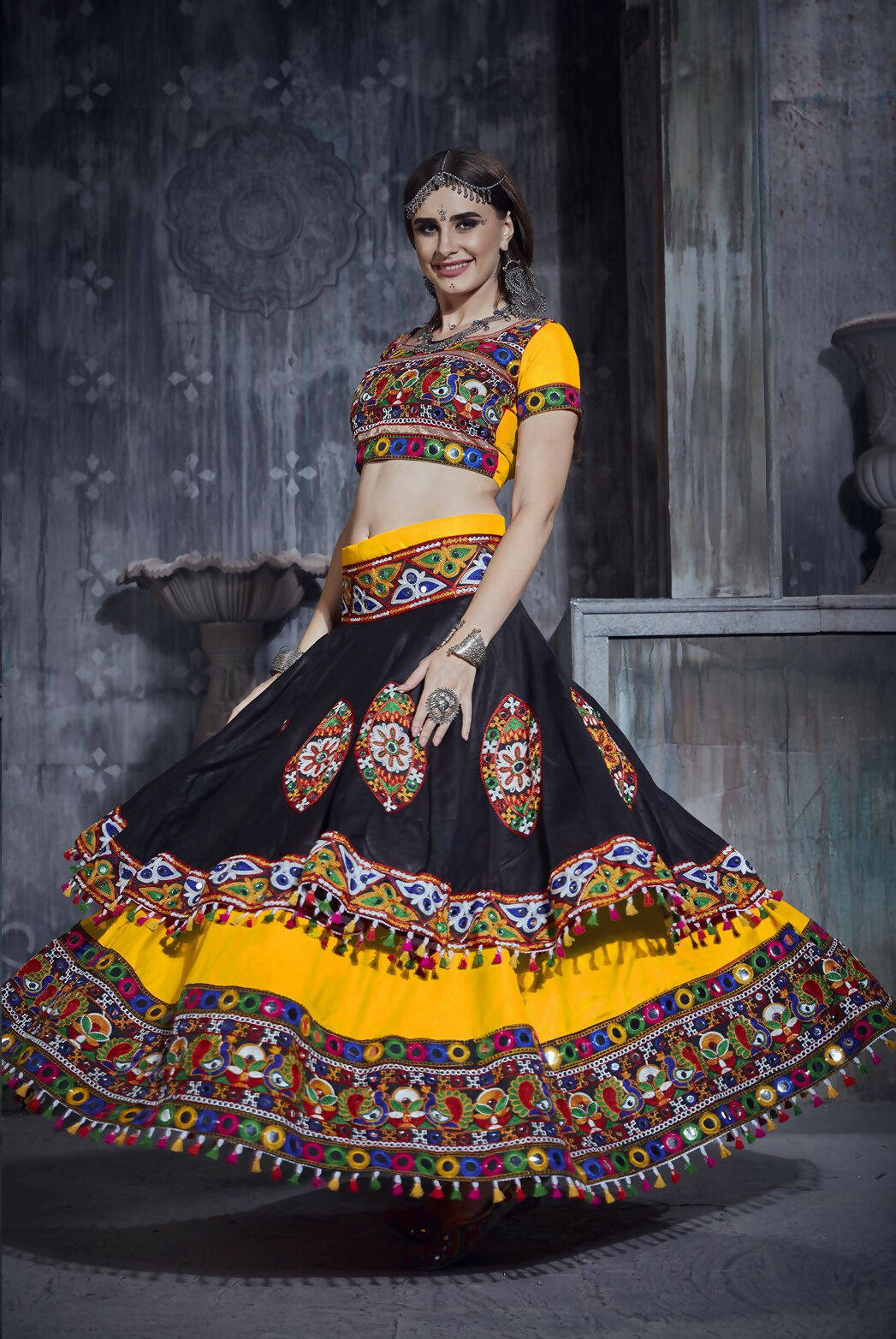 AI Fashion Black-Yellow Art Silk Designer Navratri Lehenga Choli Collection | Grocsy