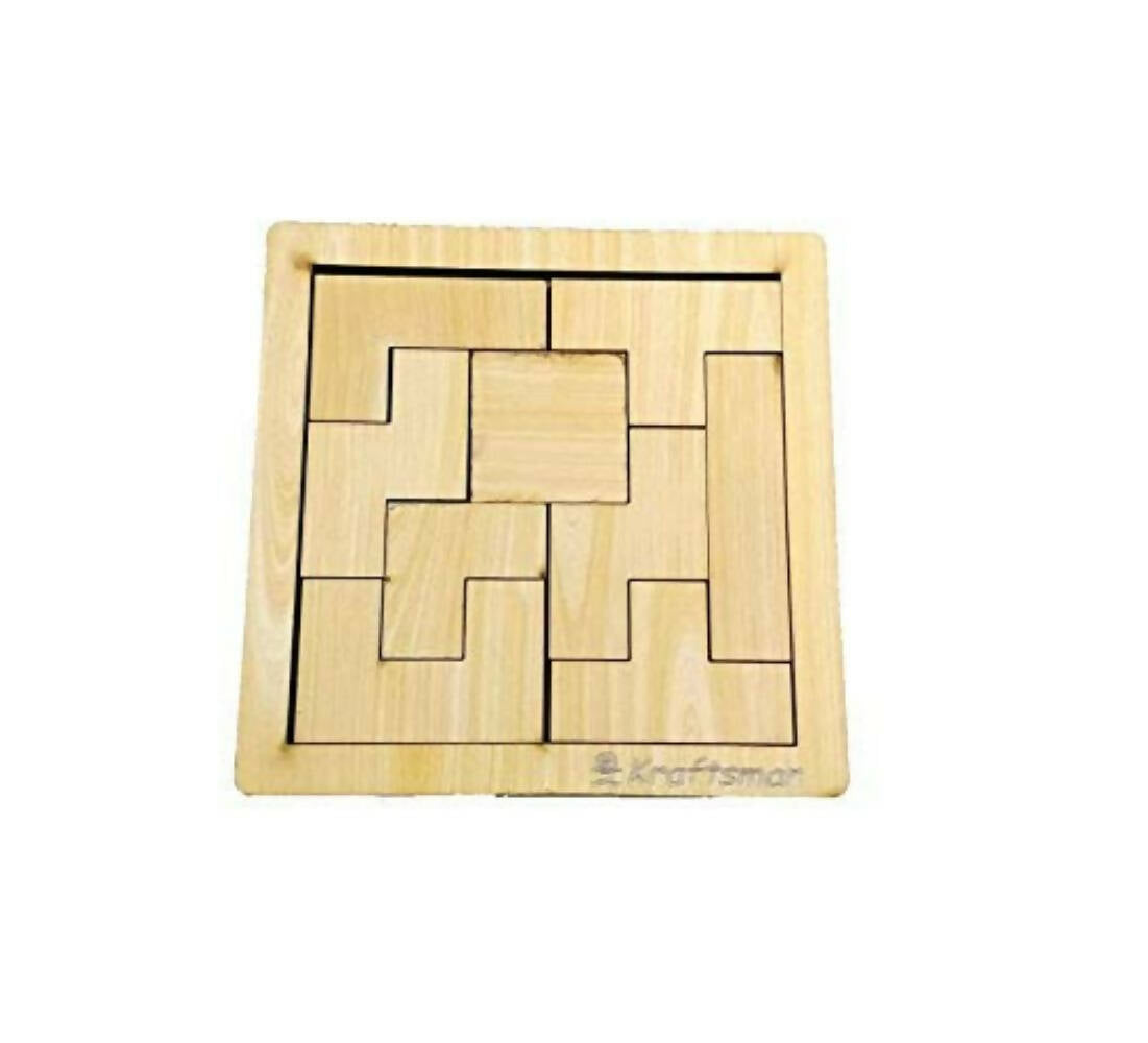 Kraftsman Portable Wooden Tetris Puzzle | 9 Pieces Puzzle 6x6 Board for Kids and Adults | Travel Pouch Included | Grocsy