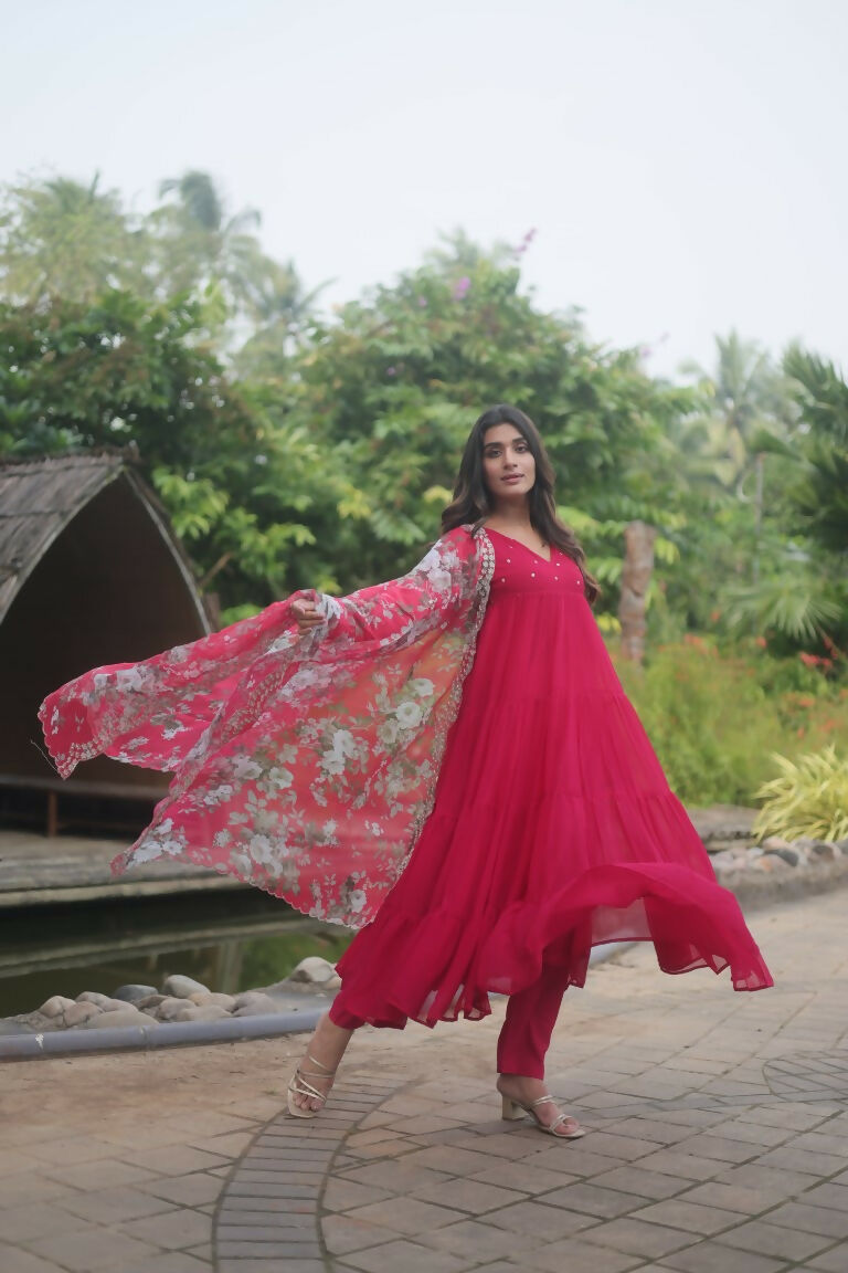 Jyoti Fashion Women's Pink Faux Blooming Butti Work Kurta with Trouser & Dupatta | Grocsy