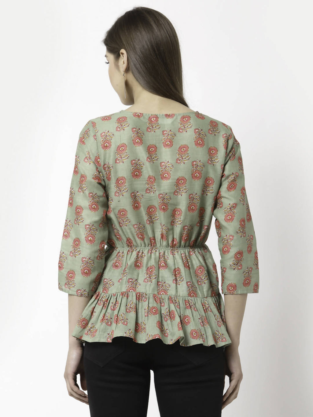 Myshka Printed 3/4 Sleeve V-Neck Casual Pure Cotton Green Top For Women | Grocsy