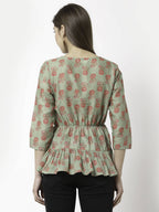 Myshka Printed 3/4 Sleeve V-Neck Casual Pure Cotton Green Top For Women | Grocsy