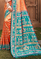 Sangam Prints Orange Kanjivaram Silk Woven Work Traditional Saree | Grocsy