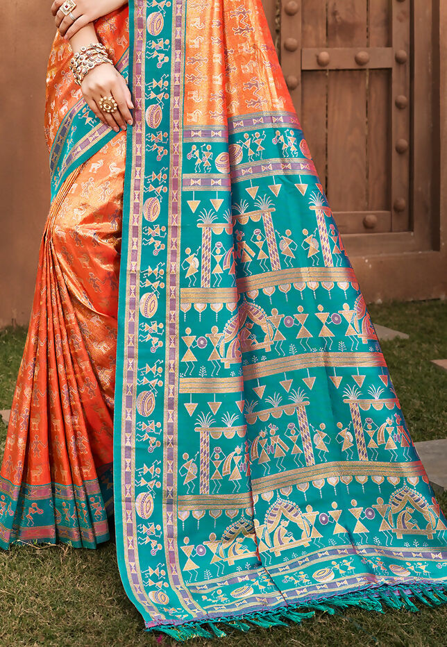 Sangam Prints Orange Kanjivaram Silk Woven Work Traditional Saree | Grocsy
