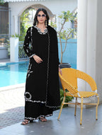 Nikhaar Black Embroidered Modal Silk Stitched Straight Cut Kurta Culottes Dupatta Readymade Suit | Grocsy