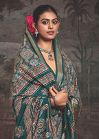 Joban Fashion Teal Green Art Silk With Fine Viscose Border Ajrak Full Body Print With Soft Finish Saree | Grocsy