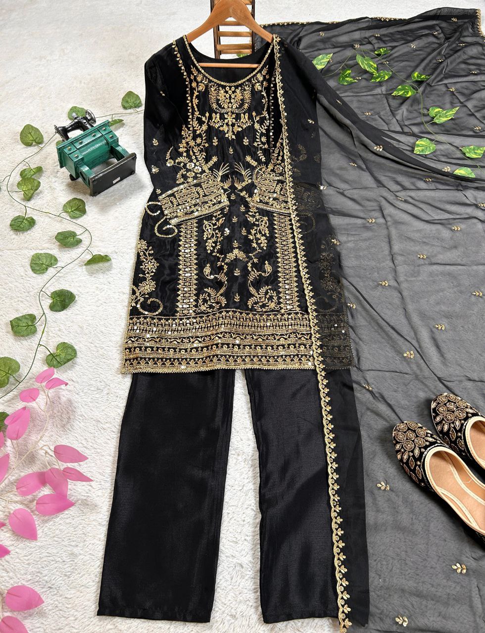 Prazu Fashion Black Chinon Silk Embroidered Salwar Suit | Grocsy