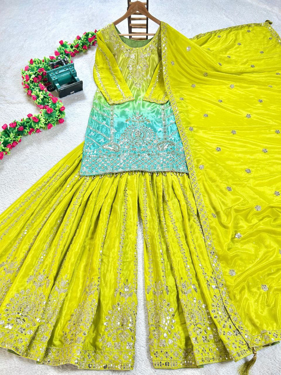 Prazu Fashion Parrot Green Chinon Silk Embroidered Sharara Suit | Grocsy