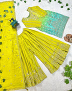 Prazu Fashion Parrot Green Chinon Silk Embroidered Sharara Suit | Grocsy