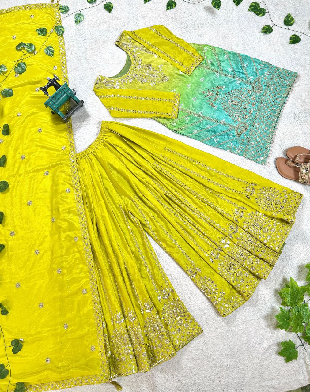 Prazu Fashion Parrot Green Chinon Silk Embroidered Sharara Suit | Grocsy
