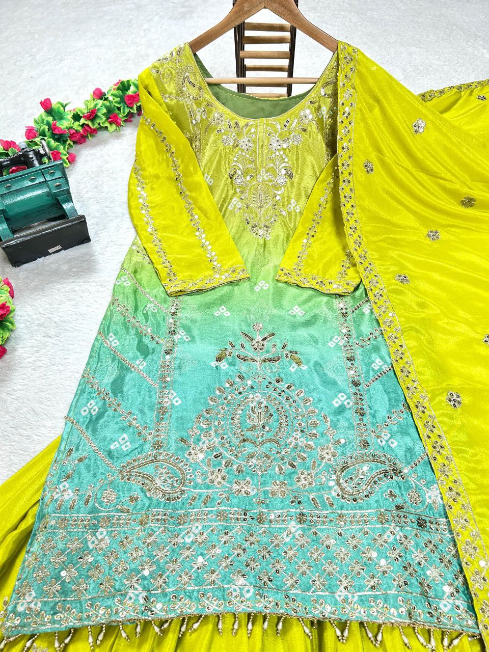 Prazu Fashion Parrot Green Chinon Silk Embroidered Sharara Suit | Grocsy