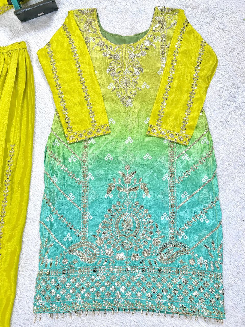 Prazu Fashion Parrot Green Chinon Silk Embroidered Sharara Suit | Grocsy