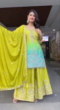 Prazu Fashion Parrot Green Chinon Silk Embroidered Sharara Suit | Grocsy