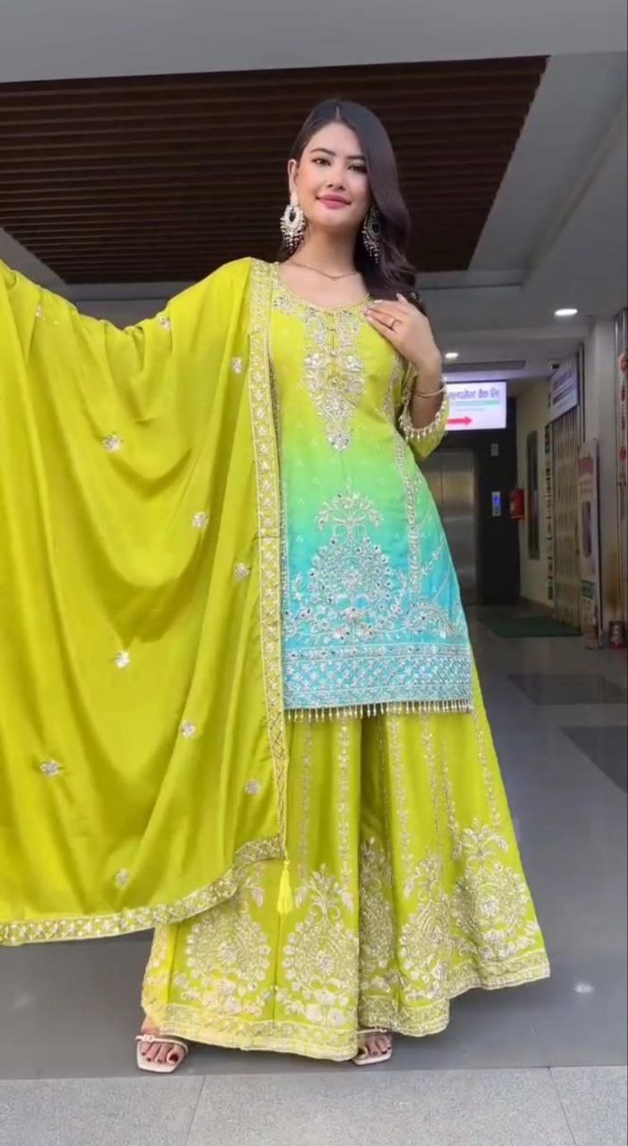 Prazu Fashion Parrot Green Chinon Silk Embroidered Sharara Suit | Grocsy