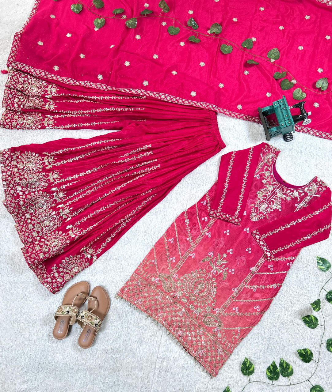 Prazu Fashion Pink Chinon Silk Embroidered Sharara Suit | Grocsy