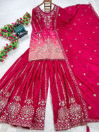 Prazu Fashion Pink Chinon Silk Embroidered Sharara Suit | Grocsy