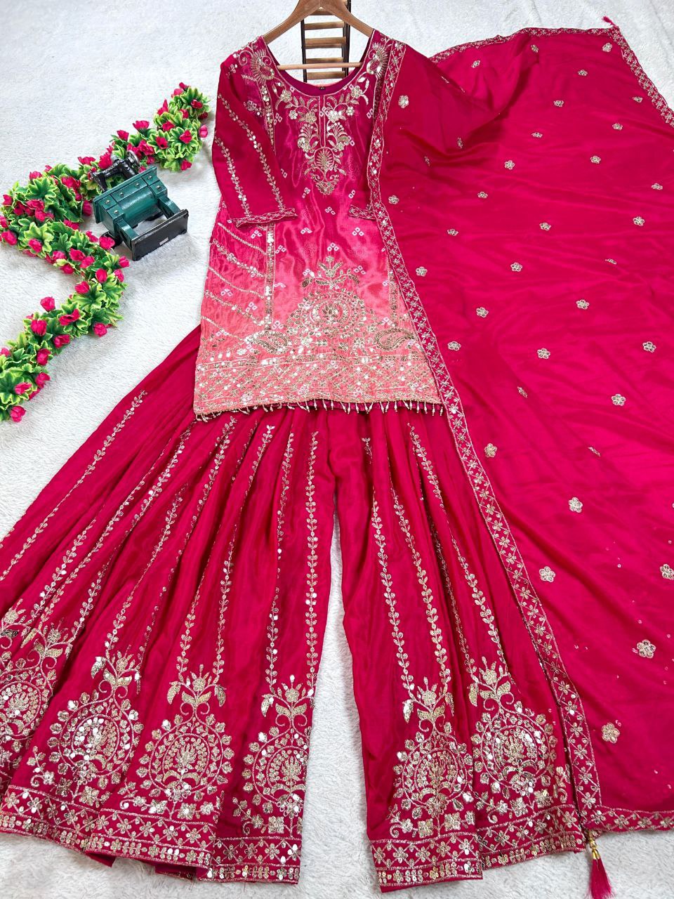 Prazu Fashion Pink Chinon Silk Embroidered Sharara Suit | Grocsy