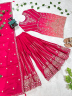 Prazu Fashion Pink Chinon Silk Embroidered Sharara Suit | Grocsy