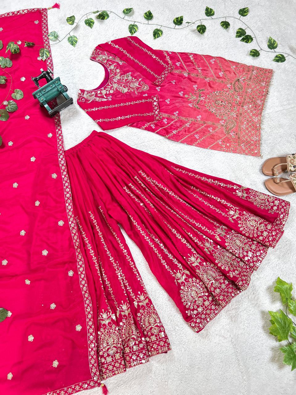 Prazu Fashion Pink Chinon Silk Embroidered Sharara Suit | Grocsy
