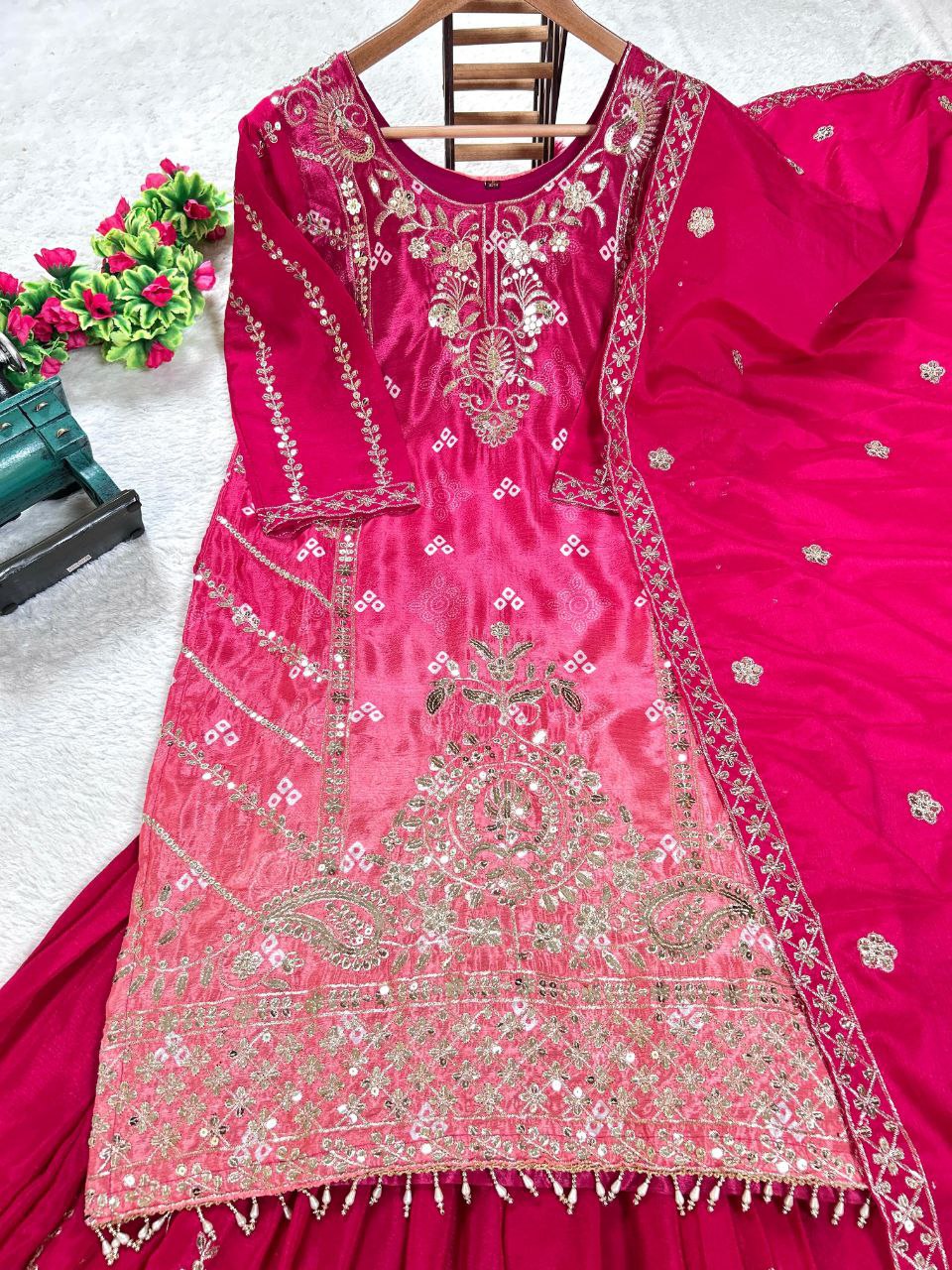 Prazu Fashion Pink Chinon Silk Embroidered Sharara Suit | Grocsy