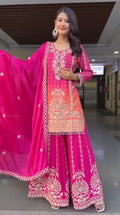 Prazu Fashion Pink Chinon Silk Embroidered Sharara Suit | Grocsy