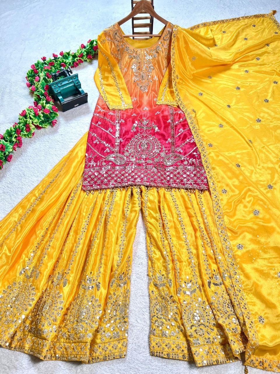 Prazu Fashion Yellow Chinon Silk Embroidered Sharara Suit | Grocsy