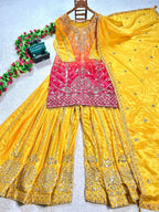 Prazu Fashion Yellow Chinon Silk Embroidered Sharara Suit | Grocsy
