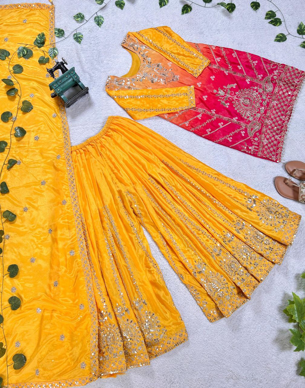 Prazu Fashion Yellow Chinon Silk Embroidered Sharara Suit | Grocsy