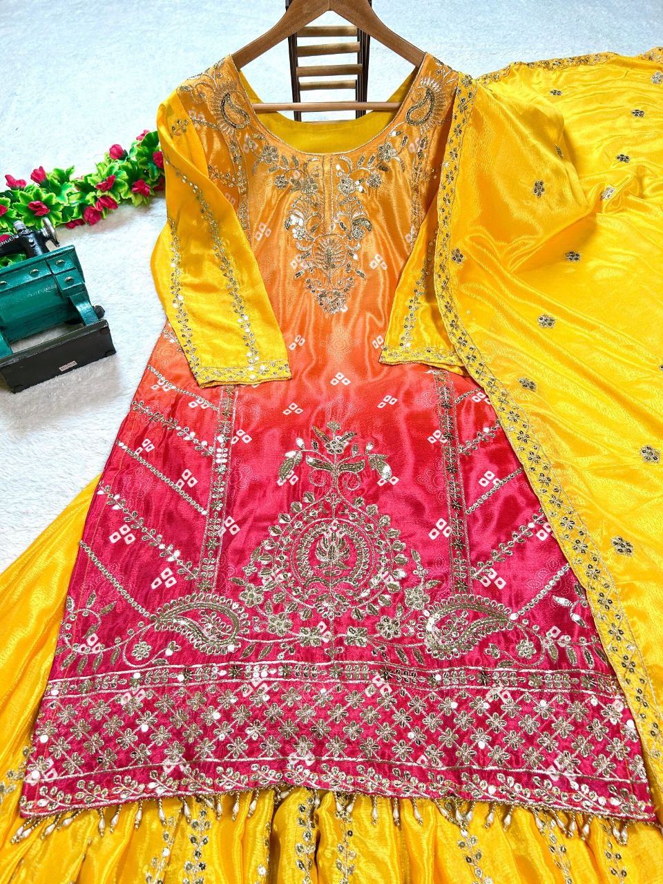 Prazu Fashion Yellow Chinon Silk Embroidered Sharara Suit | Grocsy