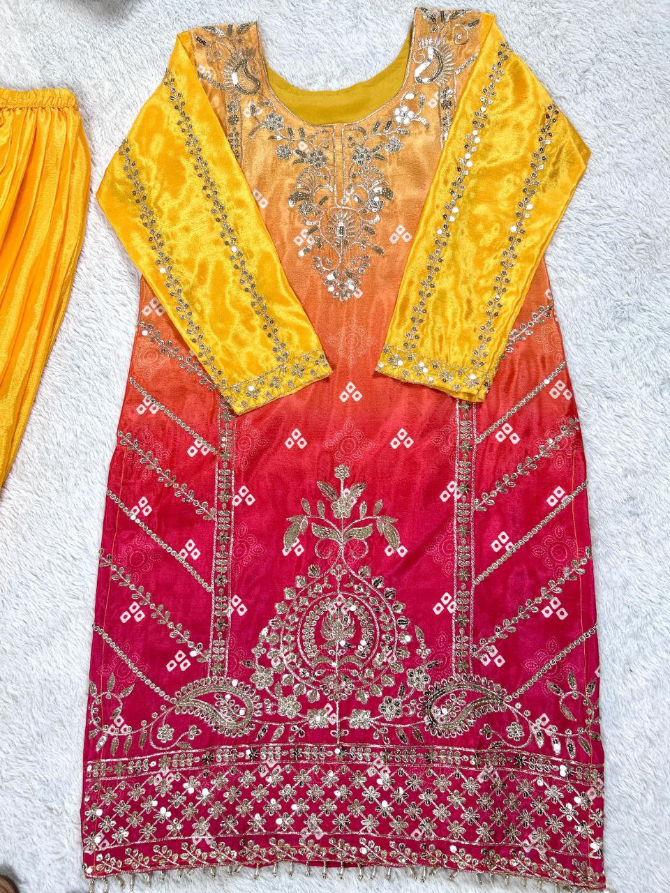 Prazu Fashion Yellow Chinon Silk Embroidered Sharara Suit | Grocsy