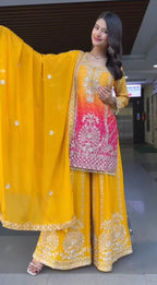 Prazu Fashion Yellow Chinon Silk Embroidered Sharara Suit | Grocsy