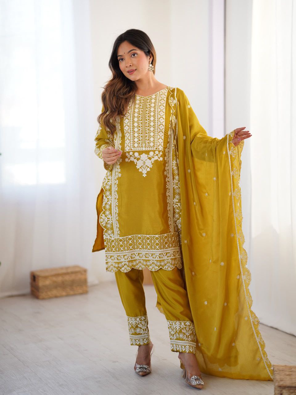 Prazu Fashion Yellow Chinon Silk Embroidered Salwar Suit | Grocsy