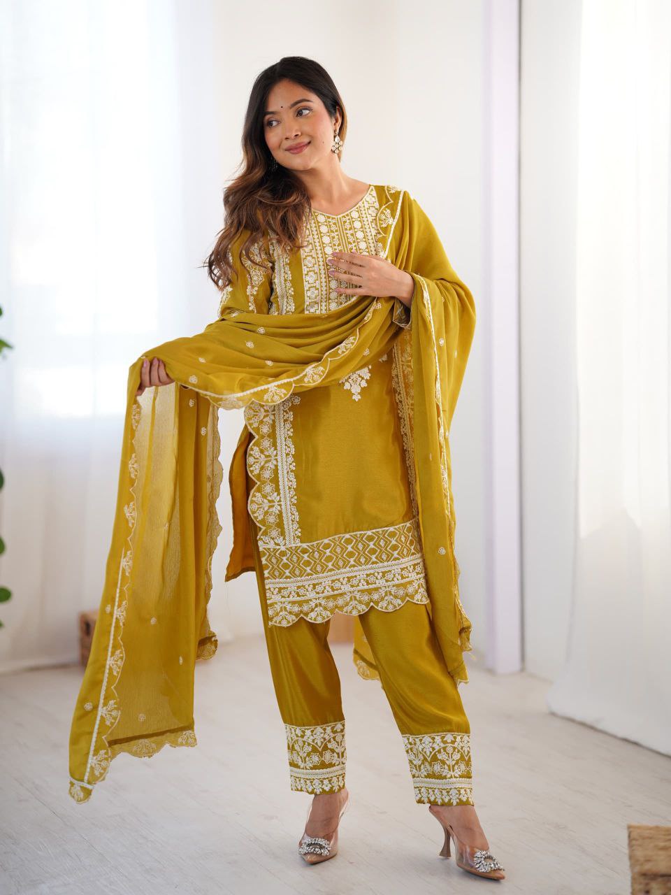 Prazu Fashion Yellow Chinon Silk Embroidered Salwar Suit | Grocsy