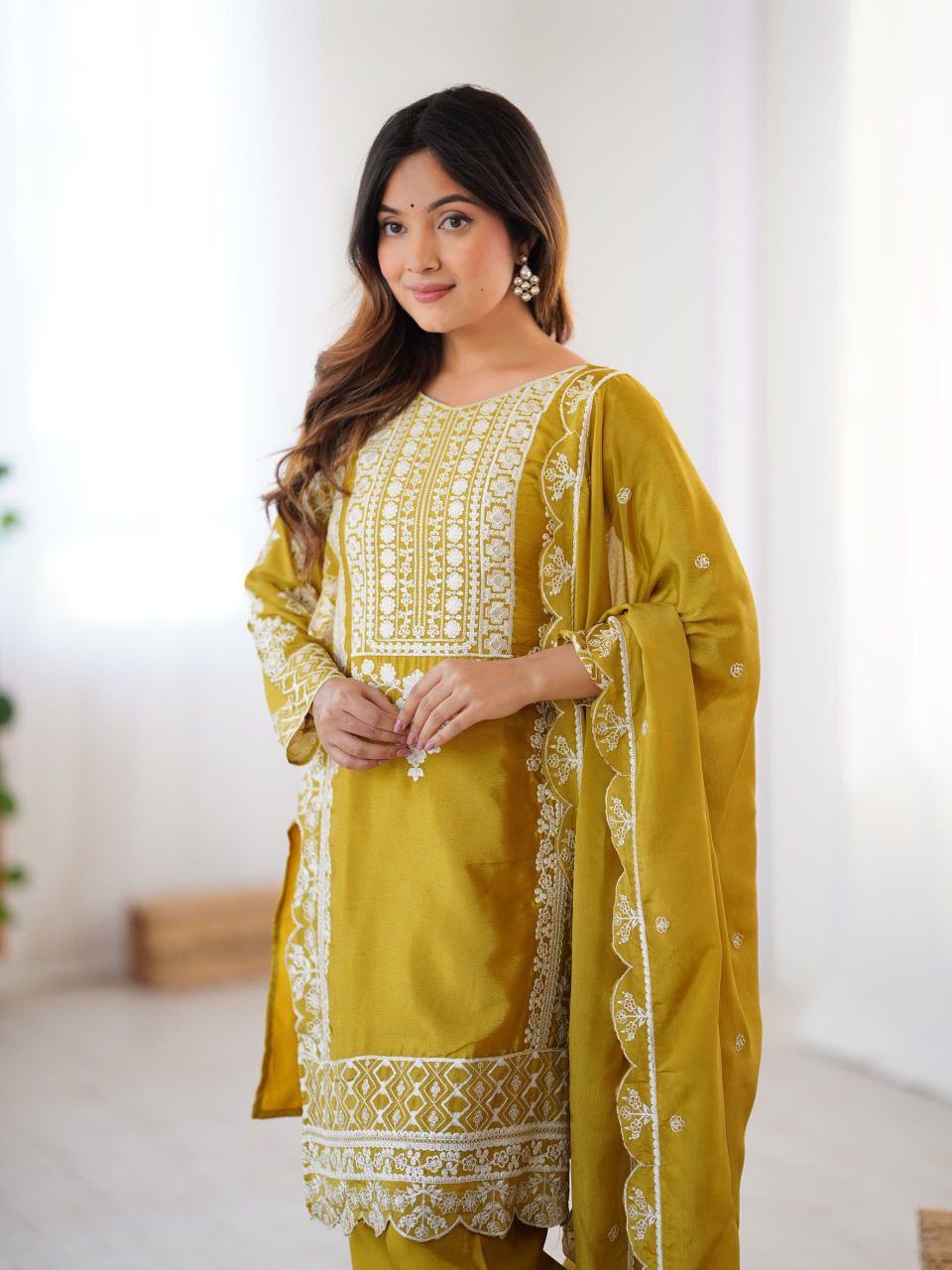 Prazu Fashion Yellow Chinon Silk Embroidered Salwar Suit | Grocsy