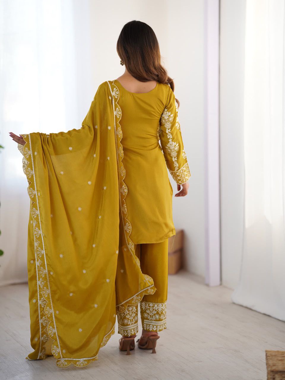 Prazu Fashion Yellow Chinon Silk Embroidered Salwar Suit | Grocsy