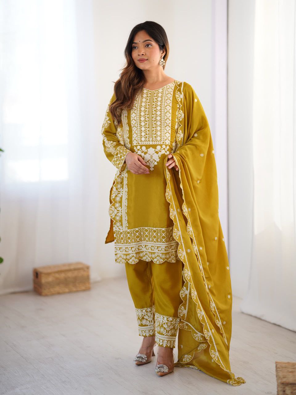 Prazu Fashion Yellow Chinon Silk Embroidered Salwar Suit | Grocsy