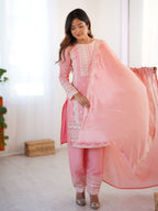 Prazu Fashion Baby Pink Chinon Silk Embroidered Salwar Suit | Grocsy