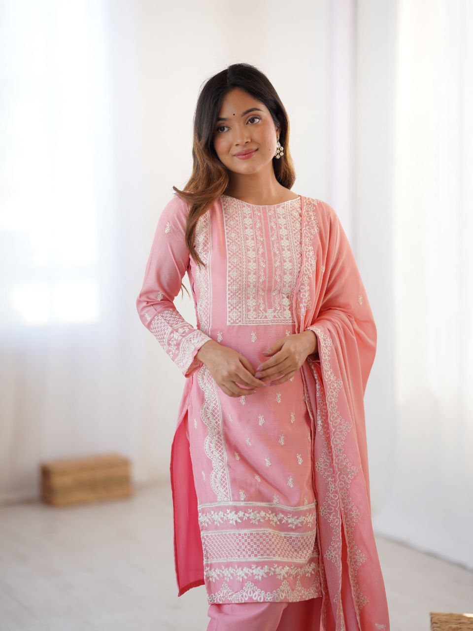 Prazu Fashion Baby Pink Chinon Silk Embroidered Salwar Suit | Grocsy