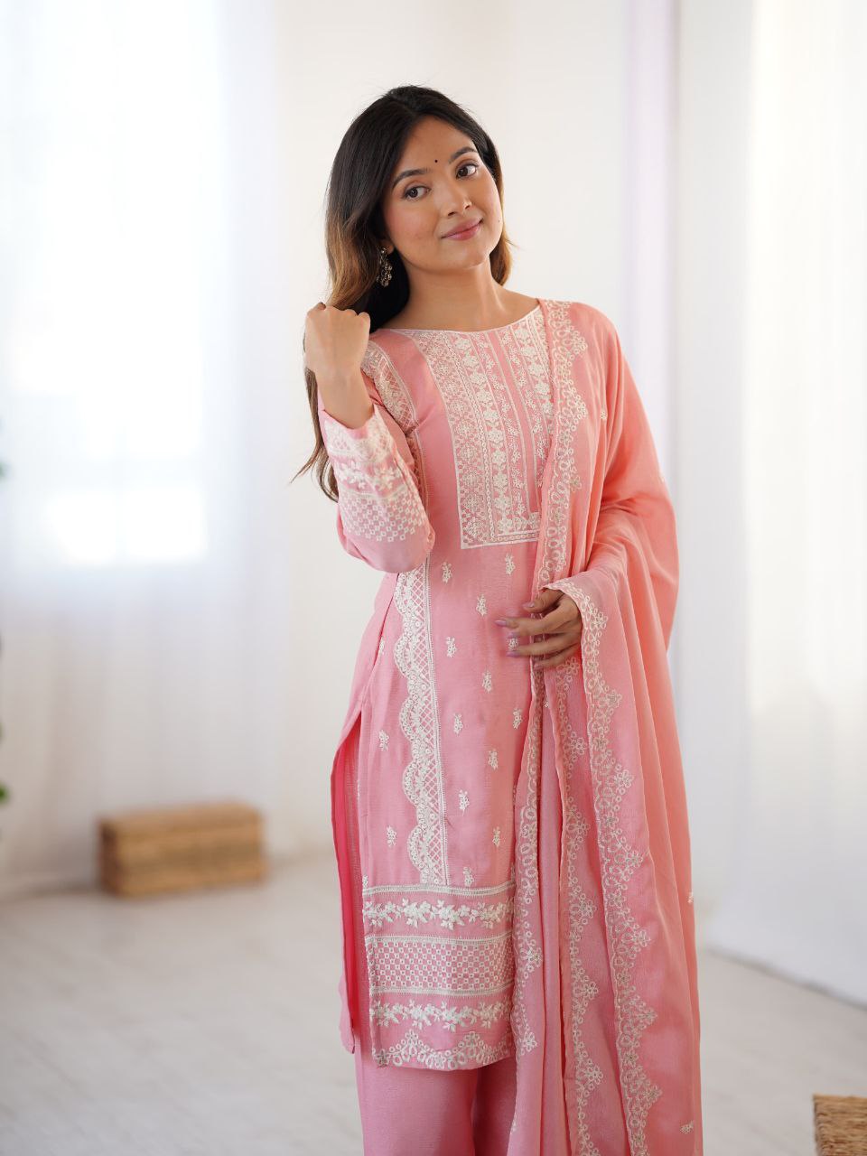 Prazu Fashion Baby Pink Chinon Silk Embroidered Salwar Suit | Grocsy