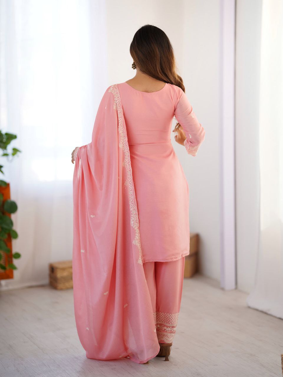 Prazu Fashion Baby Pink Chinon Silk Embroidered Salwar Suit | Grocsy