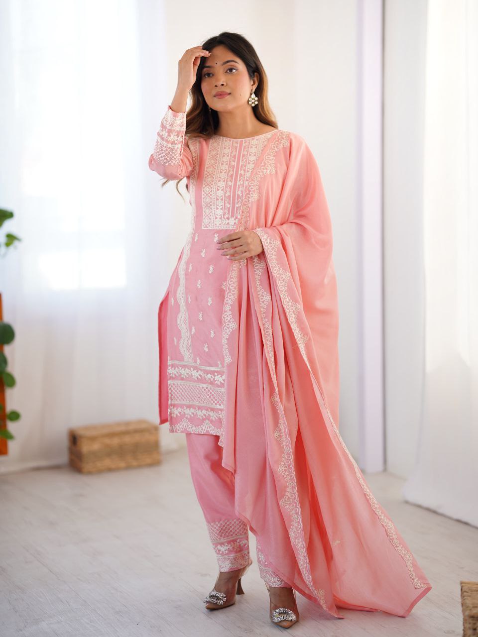Prazu Fashion Baby Pink Chinon Silk Embroidered Salwar Suit | Grocsy
