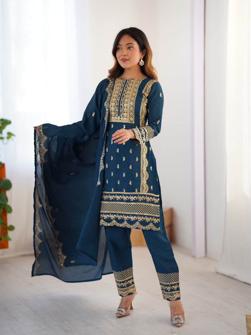 Prazu Fashion Blue Chinon Silk Embroidered Salwar Suit | Grocsy