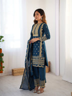 Prazu Fashion Blue Chinon Silk Embroidered Salwar Suit | Grocsy