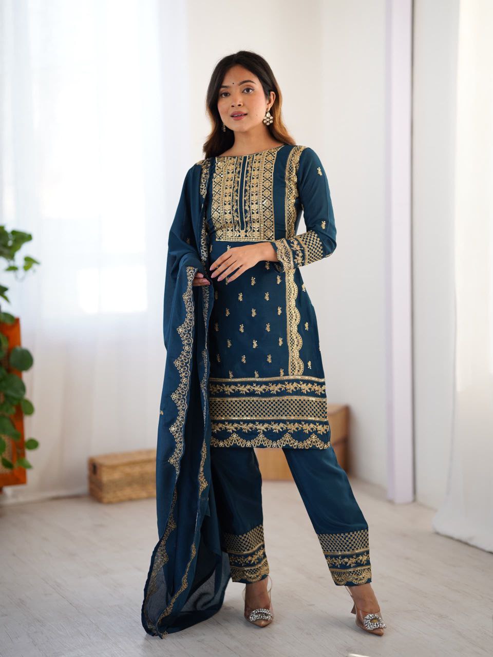 Prazu Fashion Blue Chinon Silk Embroidered Salwar Suit | Grocsy