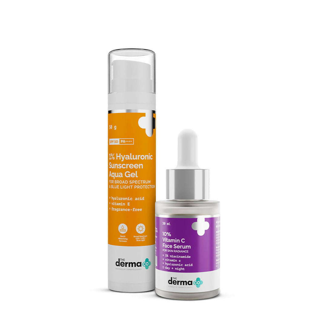 The Derma Co Radiance Combo - 10% Vitamin C Serum & 1% Hyaluronic Sunscreen Gel SPF 50 PA++++ | Grocsy