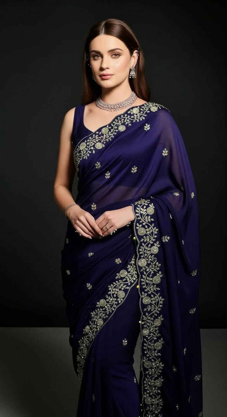 Joban Fashion Blue Fandy Satin Silk Party Wear Sarees | Grocsy