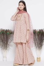 Little Bansi Floral Shiffli Kurta With Plazzo And Dupatta - Brown | Grocsy
