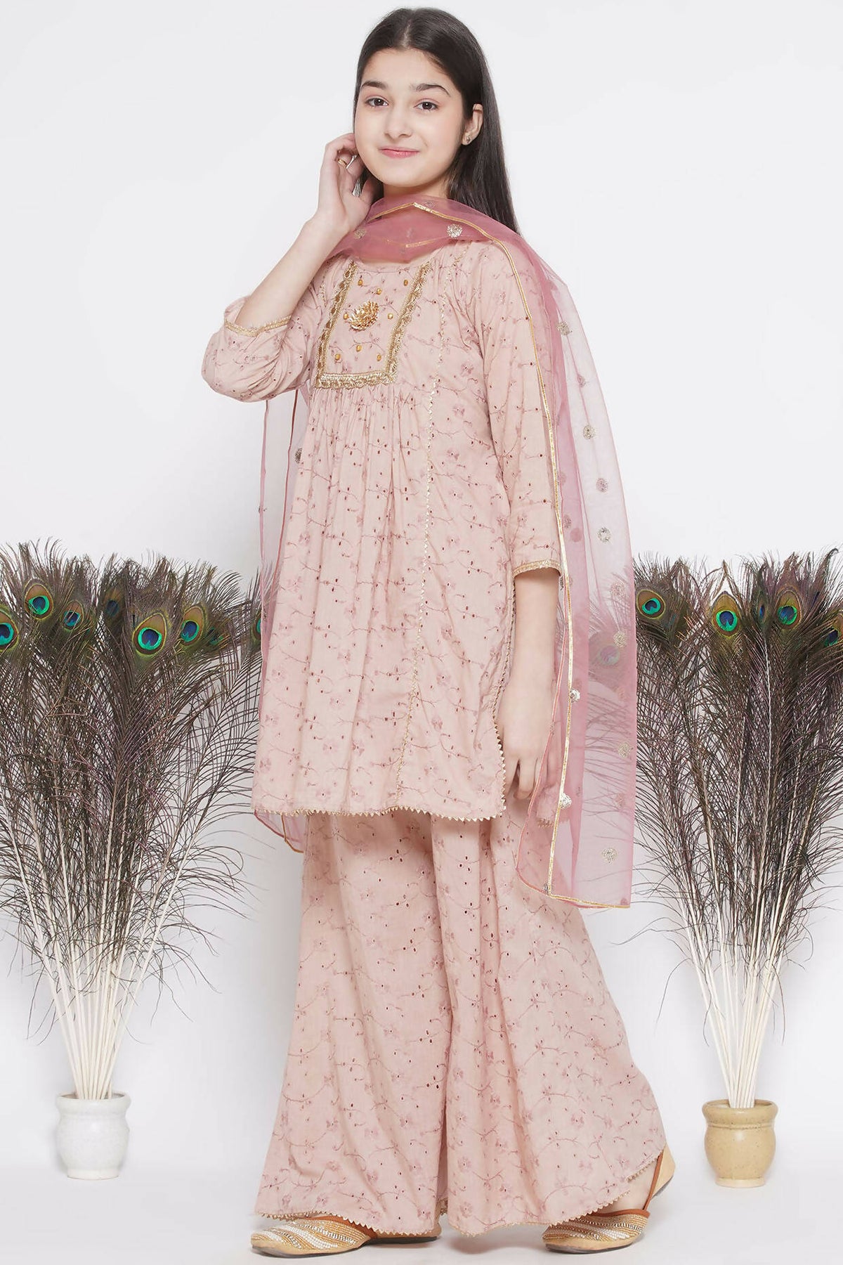 Little Bansi Floral Shiffli Kurta With Plazzo And Dupatta - Brown | Grocsy
